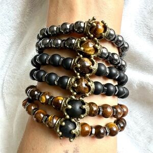 Tiger Eye + Black Onyx + Hematite Crown Mala Bead Bracelet